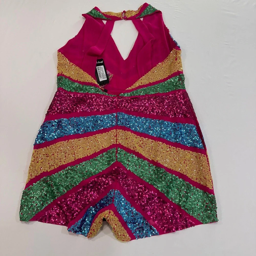 Nasty Gal Sequin Colour Block Halterneck Playsuit Women 10 Hot Pink | Festival - Picture 3 of 13
